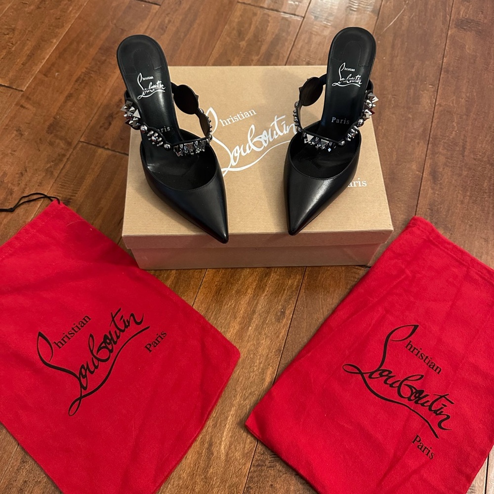 Christian Louboutin Black Miss Goldora 85 Mules Heels Pumps Sz 37 - Picture 3 of 14